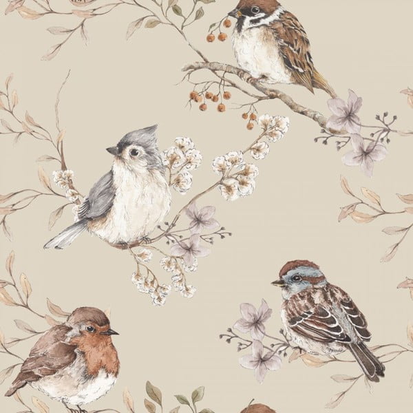 Smėlio spalvos tapetai su paukščiais Dekornik