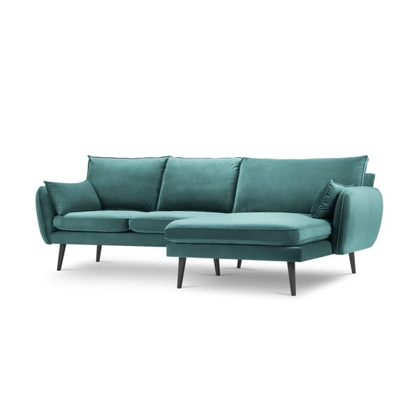 Smaragdo spalvos aksominė kampinė sofa su juodomis kojomis Kooko Home Lento, kampas dešinėje