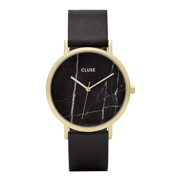 Moteriškas juodas laikrodis su odiniu dirželiu ir marmuriniu ciferblatu Cluse La Roche Rose
