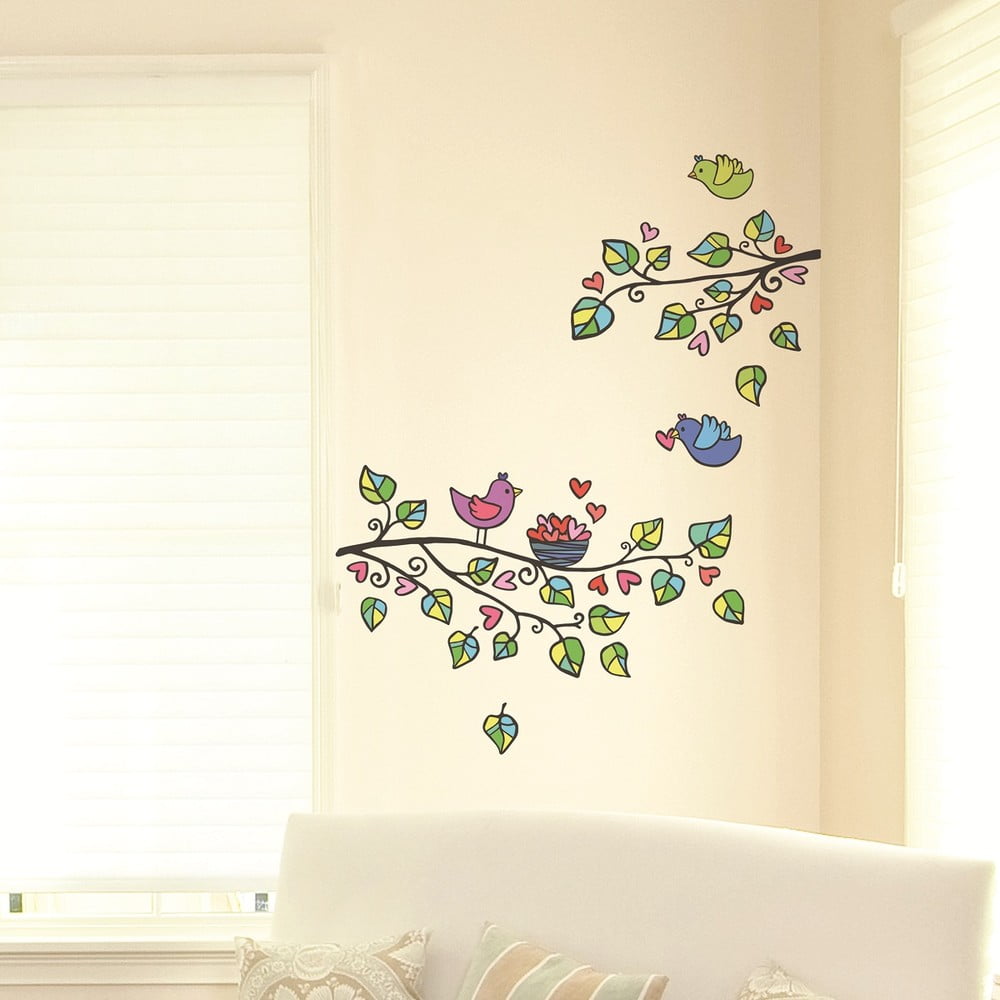 Sienų lipdukas su paukščių ir širdžių iliustracija Ambiance