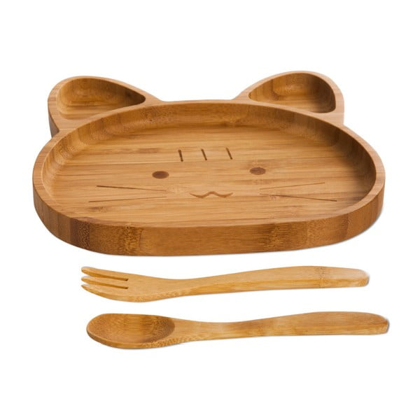 Vaikiškas rinkinys, meškiuko formos lėkštė ir stalo įrankiai iš bambuko Bambum