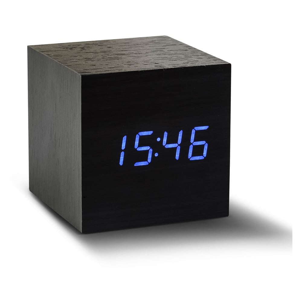 Juodas žadintuvas su mėlynu LED ekranu Gingko Cube Click Clock