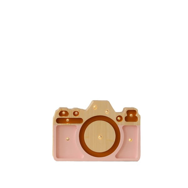 Rožinis pušies medienos stalinis šviestuvas Little Lights Camera, plotis 20 cm