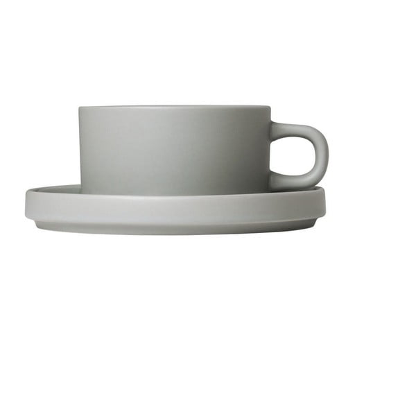 2 šviesiai pilkų keraminių arbatos puodelių su lėkštutėmis rinkinys Blomus Pilar, 170 ml