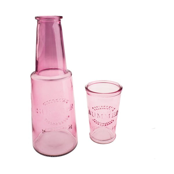Rožinis stiklinis grafinas su stikline, 800 ml