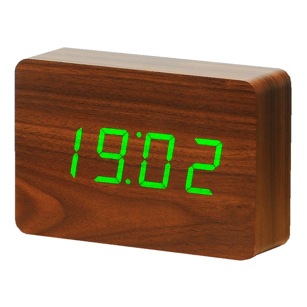 Tamsiai rudas žadintuvas su žaliu LED ekranu Gingko Brick Click Clock