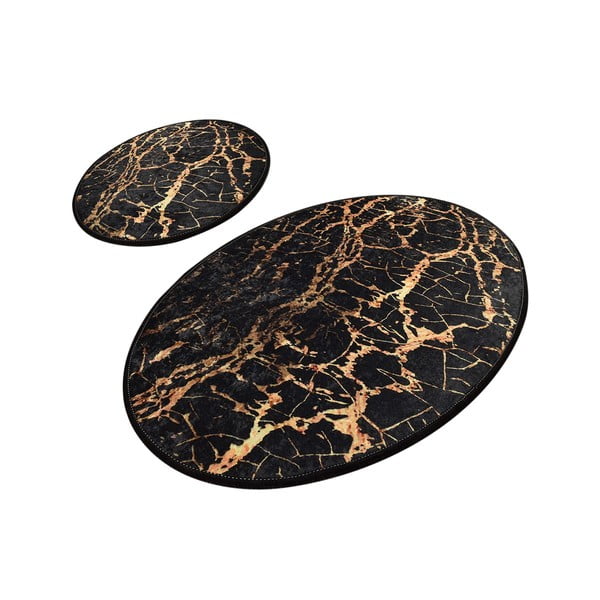 2 juodų ovalių vonios kilimėlių rinkinys Chilai Gold Marble