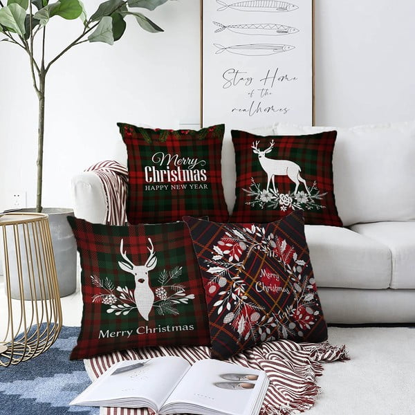 4 kalėdinių pagalvių užvalkalų rinkinys Minimalist Cushion Covers Tartan Merry Christmas, 55 x 55 cm