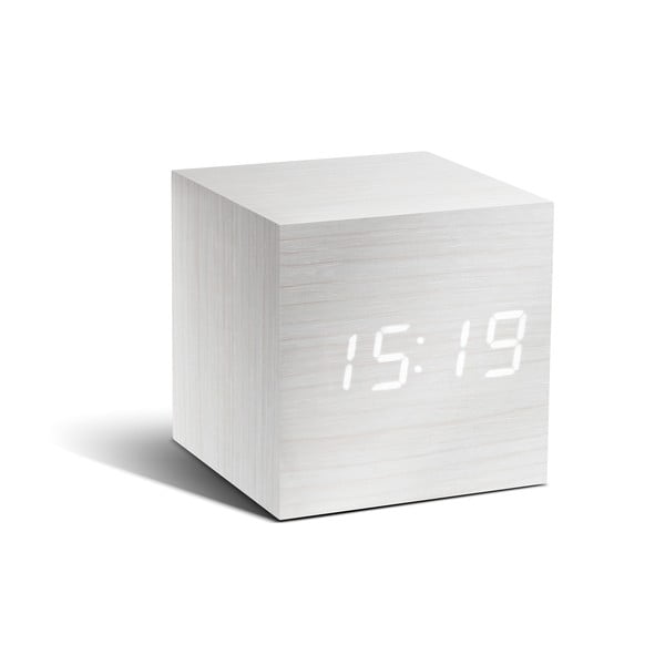Baltas žadintuvas su baltu LED ekranu Gingko Cube Click Clock