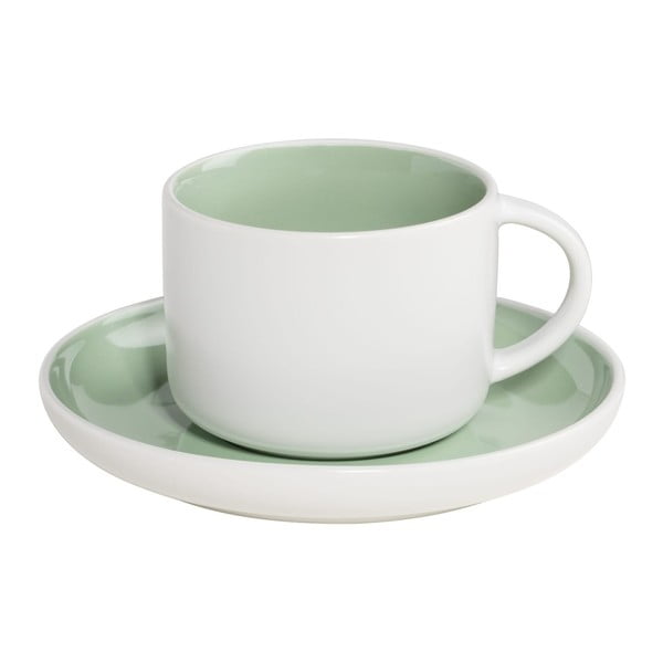 Baltas porcelianinis puodelis ir lėkštutė su žaliu vidumi Maxwell & Williams Tint, 240 ml